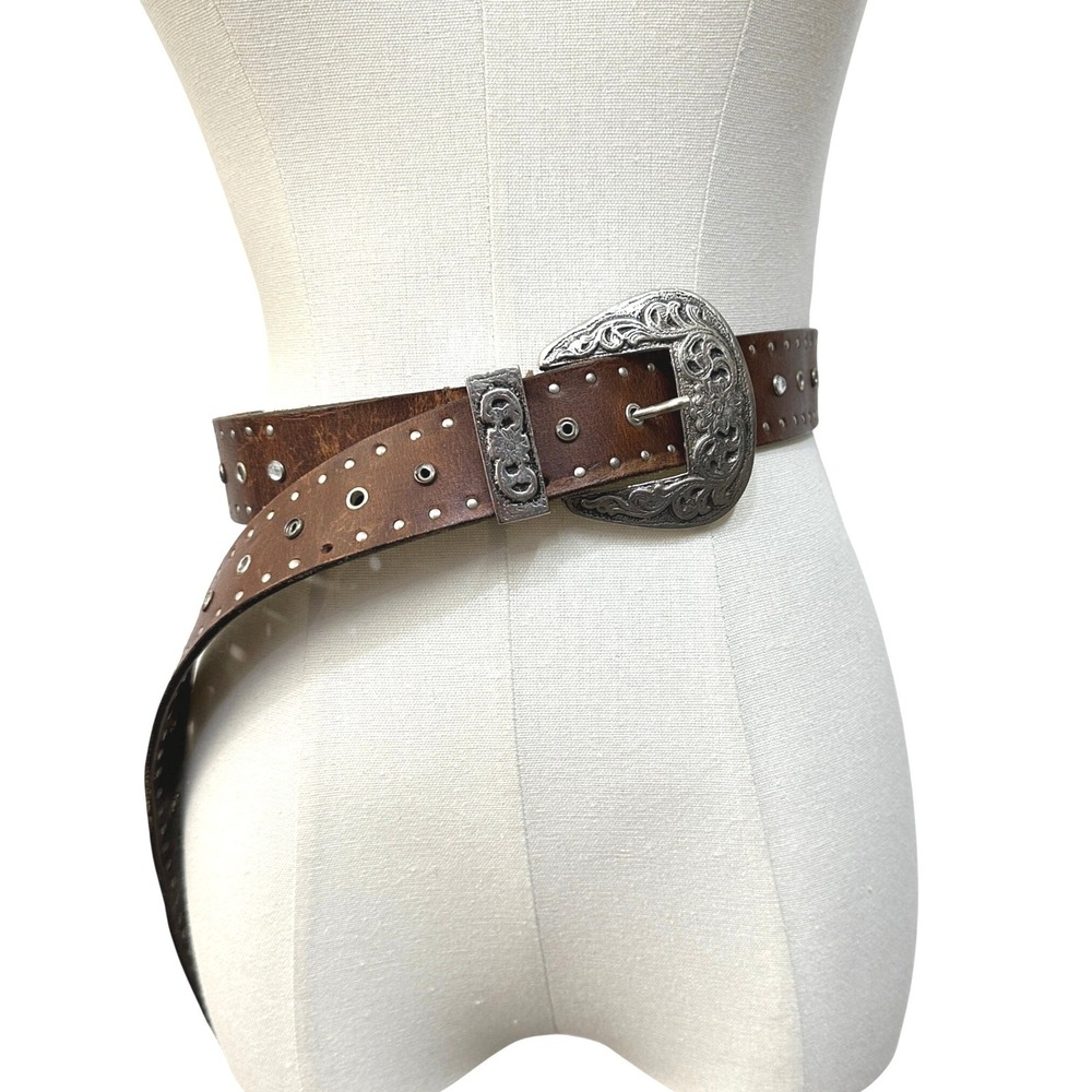 Y2K Genuine Leather Western Studded Belt L Brown Floral Engraved Buckle Cowgirl